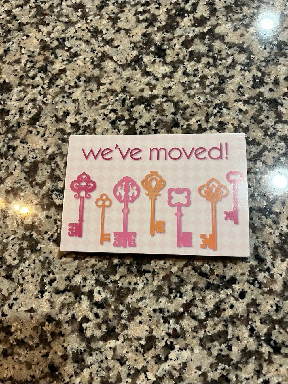 BRAND NEW - We've Moved! Pink & Orange Key Postcards, one pack of 50 cards
